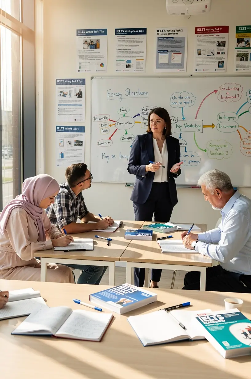 Instructor explaining effective strategies for IELTS speaking section to a small group of learners.